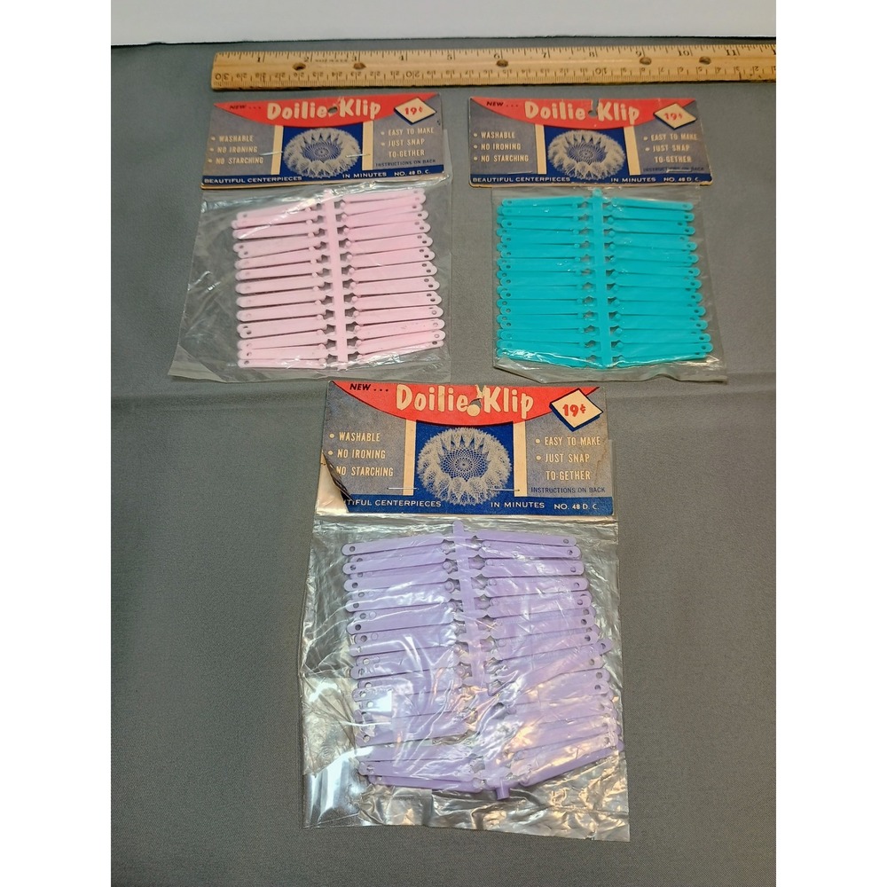 Lot of 3 Vtg Doilie Klip 48‎ Piece Sets Pink Aqua Lavender Retro Craft Decor NOS